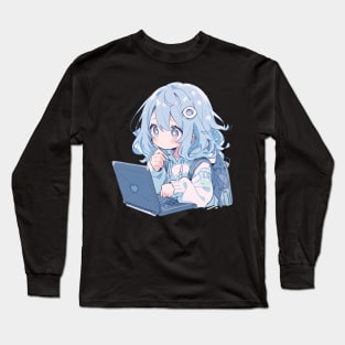 Kawaii Anime girl using laptop Long Sleeve T-Shirt